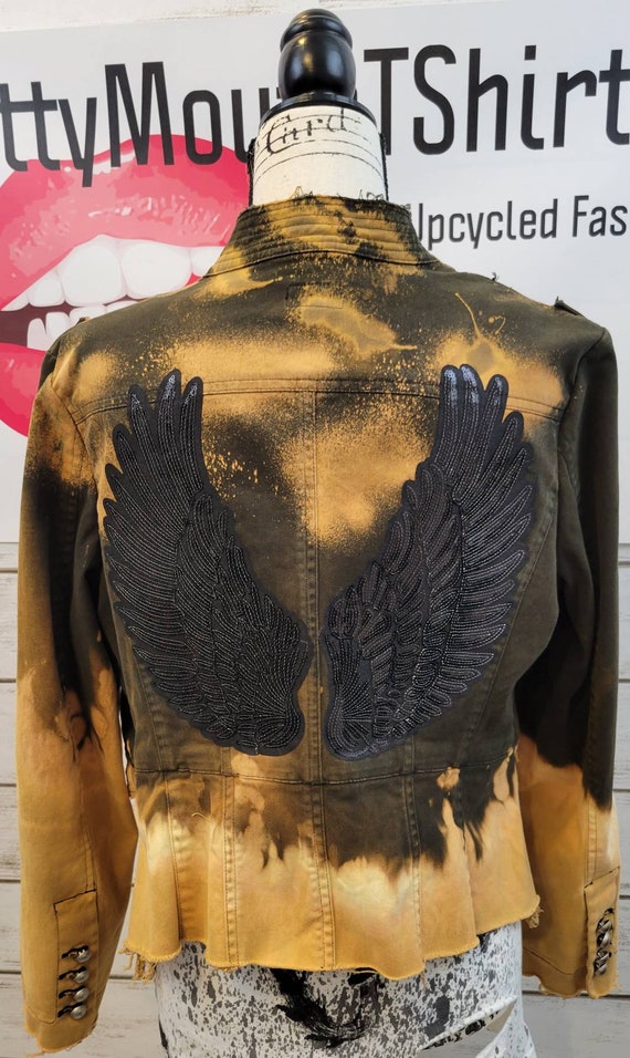 Jacket Distressed Acid Wash Jacket Sequin Wings Embellished Etsy