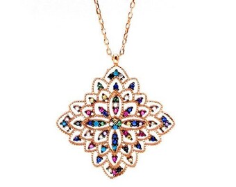 Authentic Design Women's Sterling Silver Necklace with Colorful Zircon Stone