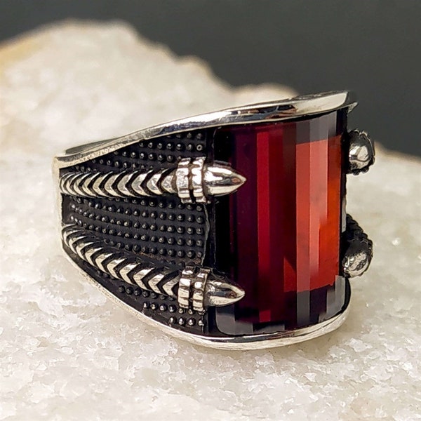 Red Zircon Stone Ring Claw Style With  Biker's Silver Ring Special Gift for Women & Man Punk Fashion Jewelry