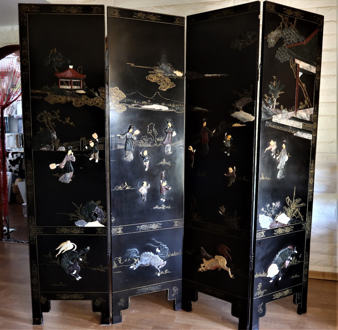 Magnificent Antique Japanese Room Divider Depicts the Four Seasons