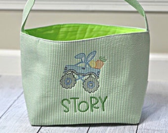 Personalized Easter Basket | Seersucker Easter Custom Egg Hunting Bag | Kid&#39;s Embroidered Bucket | Cute Easter Cloth Basket