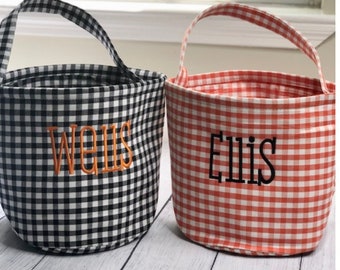 Personalized Embroidered Trick or Treat Bags | Gingham Halloween Custom Candy Bag| Kid&#39;s Trick or Treat Bucket | Cute Halloween Cloth Bucket