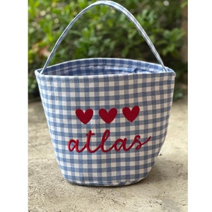 Personalized Valentine Bags | Gingham Cupid Custom Valentine Card Basket | Kid&#39;s Treat Bucket | Cute Custom Cloth Basket