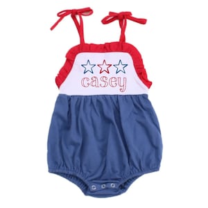 Patriotic Sunsuit with Name | 4th of July Bow Romper | Stars and Stripes Bubble | American Flag Girl Outfit
