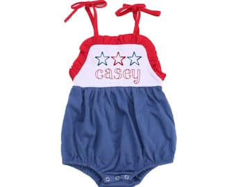 Patriotic Sunsuit with Name | 4th of July Bow Romper | Stars and Stripes Bubble | American Flag Girl Outfit