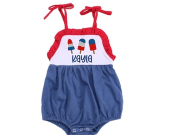 Patriotic Sunsuit with Name | 4th of July Bow Romper | Stars and Stripes Bubble | American Flag Girl Outfit