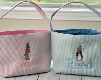 Personalized Easter Basket | Seersucker Easter Custom Egg Hunting Bag | Kid's Embroidered Bucket | Cute Easter Cloth Basket