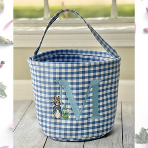 Personalized Easter Bags | Gingham Easter Custom Egg Hunting Basket | Kid&#39;s Easter Bunny Bucket | Cute Easter Cloth Basket