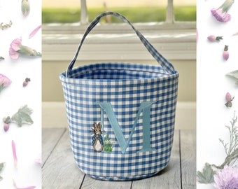 Personalized Easter Bags | Gingham Easter Custom Egg Hunting Basket | Kid&#39;s Easter Bunny Bucket | Cute Easter Cloth Basket