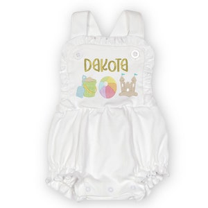 Beach Romper with Name | First Birthday Outfit | Summer Gift | Beach Party Clothes | Personalized Custom Name | Embroidered Bubble Sunsuit