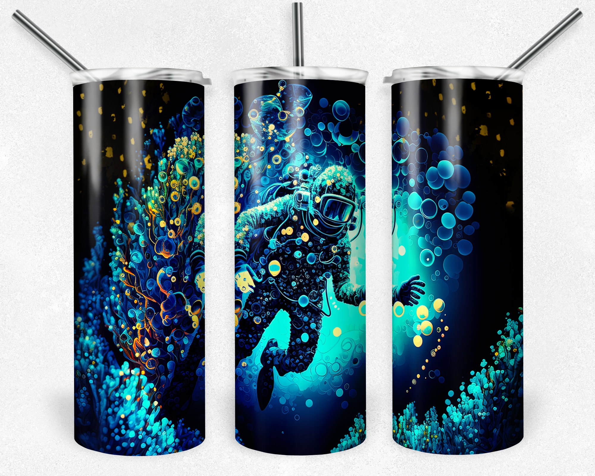 Neon Scuba Tumbler Diver Art Water Bottle 20oz Ocean Sea Etsy