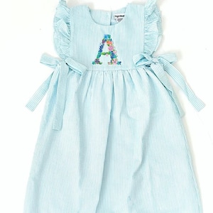 Personalized Seersucker Toddler Dress | Seersucker Girl&#39;s Birthday Dress | Kid&#39;s Embroidered Outfit | Cute Spring Summer