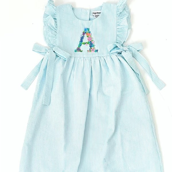 Personalized Seersucker Toddler Dress | Seersucker Girl's Birthday Dress | Kid's Embroidered Outfit | Cute Spring Summer