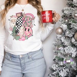 Bluzy retro świąteczne | Koszula z długim rękawem świątecznym | Prezent dla niej Sweter | Prezent na koszulkę świąteczną