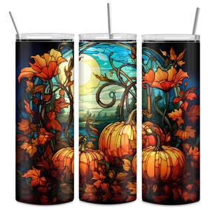 Stained Glass Pumpkin Halloween Tumbler | Spooky Season Water Bottle | Fall Pumpkin Leaves Skinny Gift for Her | Spooky Season Gift
