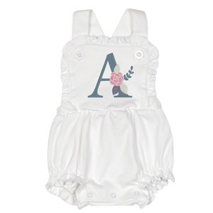 Floral Monogrammed Bubble Romper | Personalized Birthday | Customized Sunsuit | Embroidered Girl&#39;s Outfit
