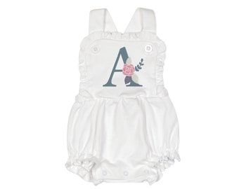 Floral Monogrammed Bubble Romper | Personalized Birthday | Customized Sunsuit | Embroidered Girl's Outfit