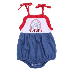 Patriotic Sunsuit with Name | 4th of July Bow Romper | Stars and Stripes Bubble | American Flag Girl Outfit