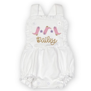 Cowgirl Boot Romper with Name | First Birthday Custom Cowboy Bubble Romper | Girl&#39;s Sunsuit Outfit | Rodeo Themed Birthday Outfit