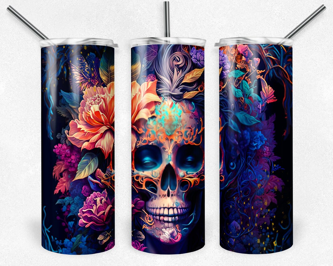 Skull Neon Tumbler Skull Art Water Bottle 20oz Floral Skull Drinkware