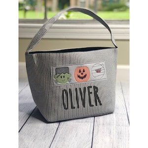 Personalized Trick or Treat Bags | Seersucker Halloween Custom Candy Bag| Kid&#39;s Trick or Treat Bucket | Cute Halloween Cloth Bucket