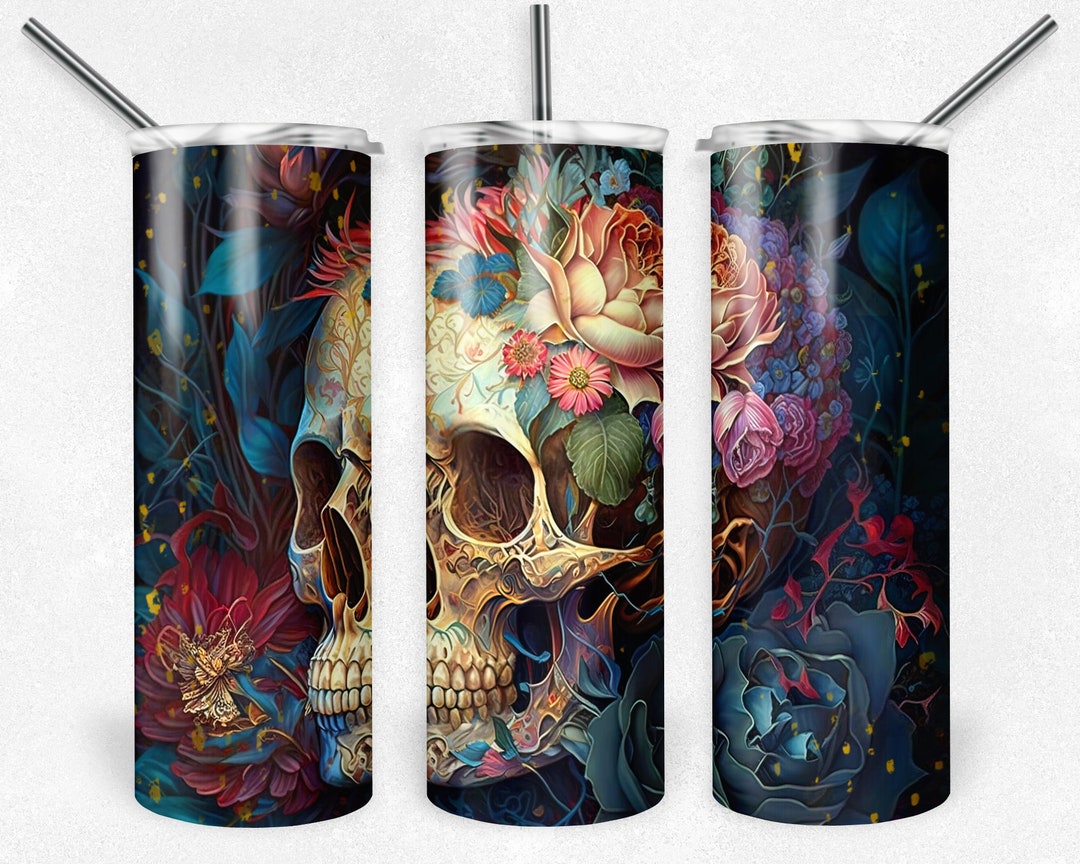 Skull Floral Tumbler Skull Art Water Bottle 20oz Floral Skull Drinkware