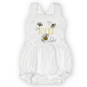 Bee Romper with Name | Birthday Outfit | Summer Gift | Bumblebee Clothes | Personalized Custom Name | Embroidered Bubble Sunsuit