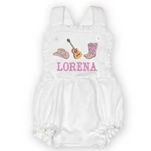 Cowgirl Boot Romper with Name | First Birthday Custom Cowboy Bubble | Girl&#39;s Country Music Outfit | Rodeo Themed Birthday Outfit