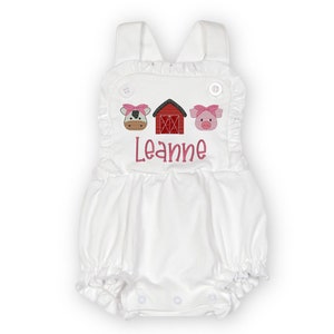 Farm Animal Romper with Name | Birthday Outfit | Summer Gift | Farm Theme Clothes | Personalized Custom Name | Embroidered Bubble Sunsuit