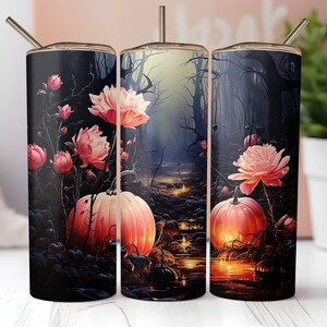 Pink Pumpkin Floral Halloween Tumbler | Spooky Season Water Bottle | Spooky Forest Pumpkin Skinny Tumbler Gift for Her | Spooky Season Gift