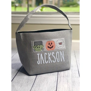 Personalized Trick or Treat Bags | Seersucker Halloween Custom Candy Bag| Kid's Trick or Treat Bucket | Cute Halloween Cloth Bucket