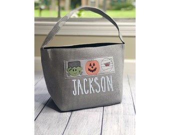 Personalized Trick or Treat Bags | Seersucker Halloween Custom Candy Bag| Kid's Trick or Treat Bucket | Cute Halloween Cloth Bucket