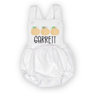 Pumpkin Romper with Name | Birthday Outfit | Fall Gift | Halloween Party Clothes | Personalized Custom Name | Embroidered Bubble Sunsuit