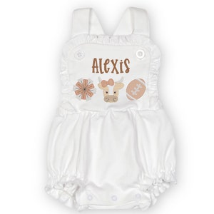 Longhorn Romper with Name | Birthday Outfit | Summer Gift | Football Party Clothes | Personalized Custom Name | Embroidered Bubble Sunsuit