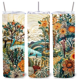 Garden Embroidery Art Tumbler | Thread Art Garden Scene Water Bottle | 20oz Drinkware Birthday Gift | Gift for Her | Gift for Him