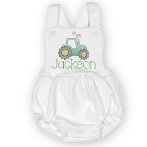 Personalized Tractor Romper with Name | First Birthday Custom Bubble Romper | Boy's Sunsuit Birthday Outfit | Farm Themed Birthday Outfit