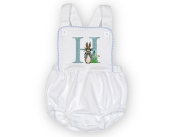 Peter Rabbit Monogrammed Sunsuit | Personalized Bubble Romper | Beatrix Potter Baby Shower Gift | Boy&#39;s Custom Girl Outfit
