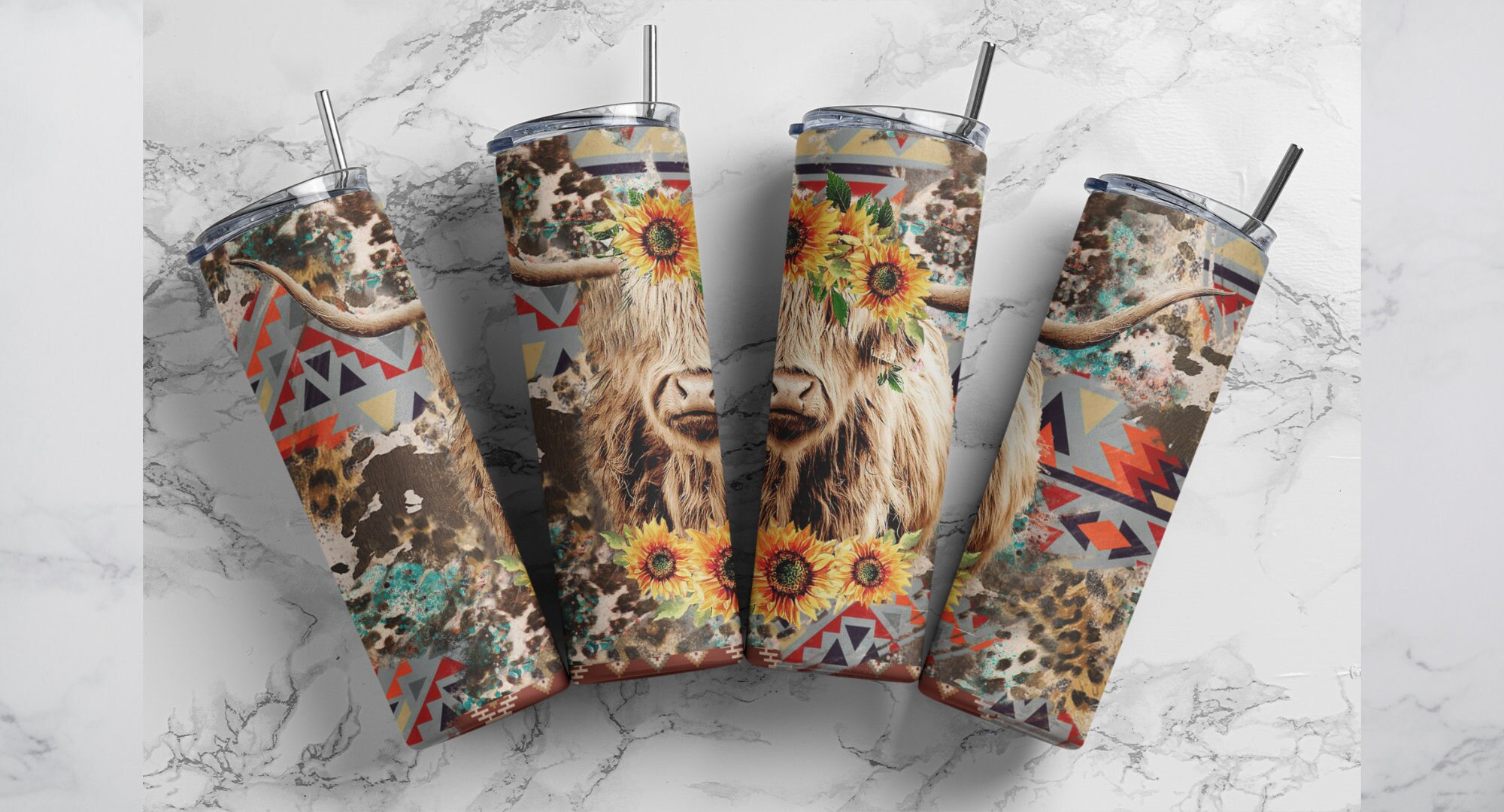 Cattle Country Rodeo Tumbler | Country Girl Western Water Bottle |Birthday Gift | Gift for Her | Turquoise Sunflower Leopard Print
