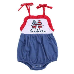Patriotic Sunsuit with Name | 4th of July Bow Romper | Stars and Stripes Bubble | American Flag Girl Outfit