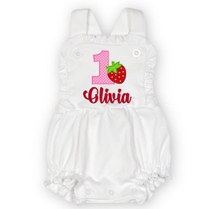 Strawberry Applique Romper with Name | Birthday Outfit | Summer Gift | Strawberry Clothes | Personalized Custom Number | Embroidery