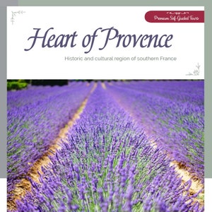 May include: A field of purple lavender flowers in rows, with a green tree in the background. The text "Heart of Provence" and "Historic and cultural region of southern France" is displayed above the image.