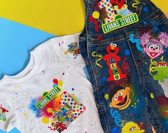 Conjunto de cumpleaños personalizado de Elmo / Peto y camisa de mezclilla personalizados de Barrio Sésamo