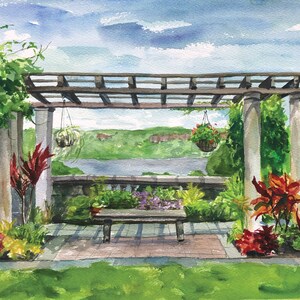 May include: A watercolor painting of a wooden pergola with a bench underneath. The pergola is covered in vines and has hanging plants. The bench is facing a view of a river and hills in the distance.