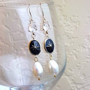 North Star Crystal Pearl Earrings Gold Filled Black Gold Intaglio Earrings Dangle Earrings Freshwater pearl Diamond Drop Vintage Earrings