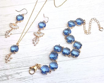 Blauwe Kristallen Sieraden set Saffier Oorbellen Ketting Armband set Goud Gevulde Art Deco Diamond Fan Bungelt Cubic Zirconia Drop 12mm Kristallen