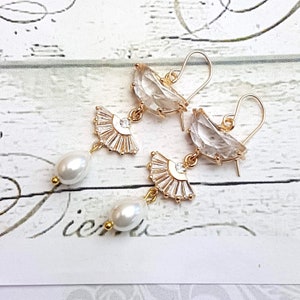 Clear Crystal Earrings Crystal Pearl Gold Filled Fan Art Deco Earrings Dangle Earrings 1920s Glass pearl Diamond Drop Vintage Style Earrings