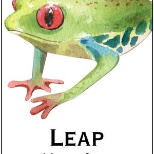 May include: Watercolor illustration of a green frog with red eyes and a blue stripe. The text "LEAP like a frog" is below the frog. The text "SIENTA SASIKA NOVEL" is at the top.