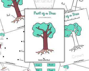 May include: A collection of educational worksheets titled "Part of a Tree." The worksheets feature illustrations of trees, labeling parts like the crown, branch, root, and trunk. The pages include tracing activities and diagrams for learning.