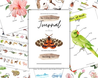 May include: A printable nature journal for kids with a watercolor illustration of a moth on the cover. The journal includes pages for learning about different parts of plants, animals, and birds. The text on the cover says "My First Nature Journal" and "Let's explore, play, and discover".