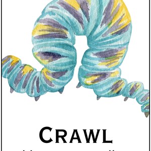 May include: Watercolor illustration of a caterpillar in shades of blue, yellow, and purple. The image includes the text "CRAWL like a caterpillar" in black font, and the text "SIENTA SASIKA NOVEL" at the top.